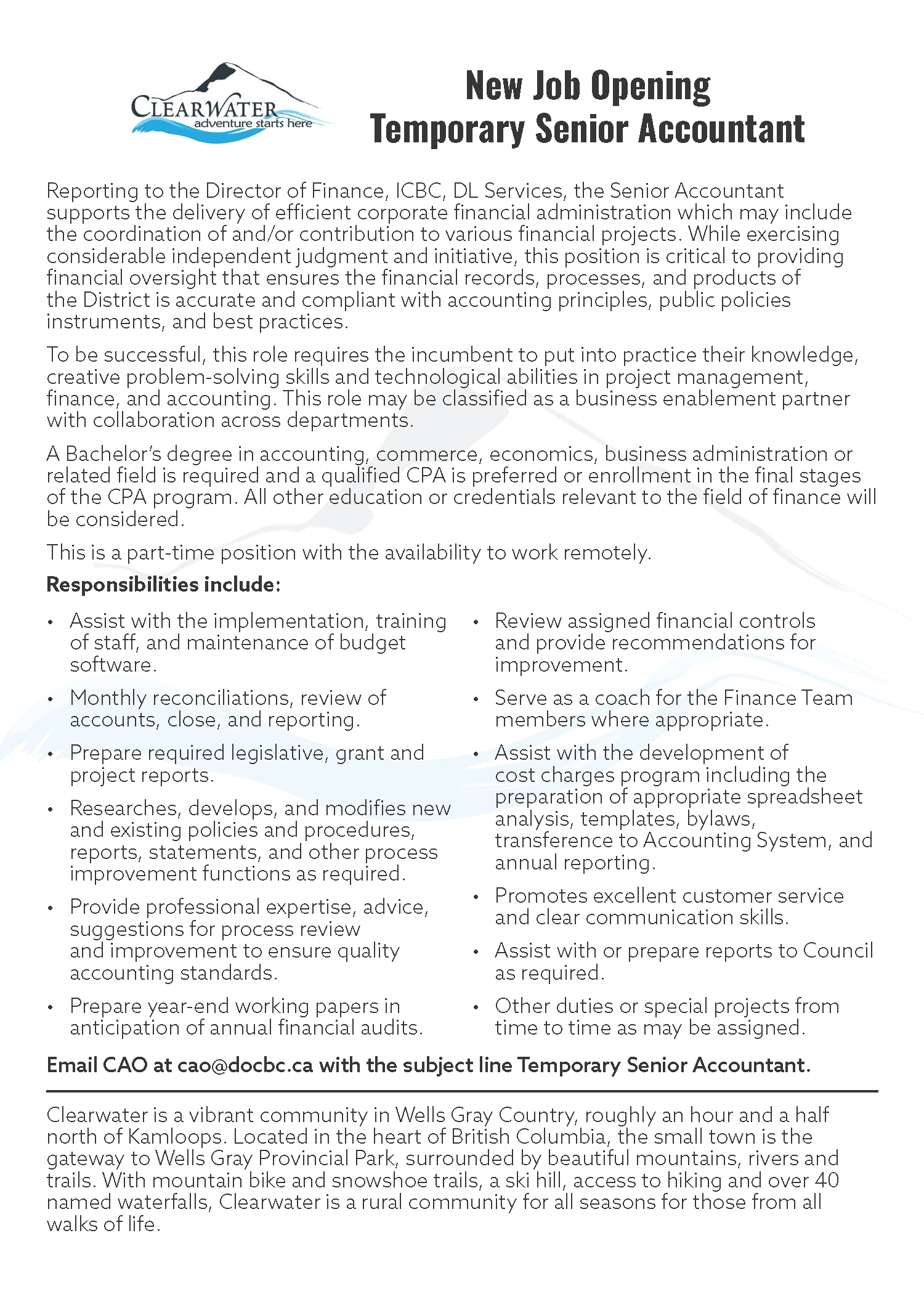 District of Clearwater is hiring! Temporary Senior Accountant