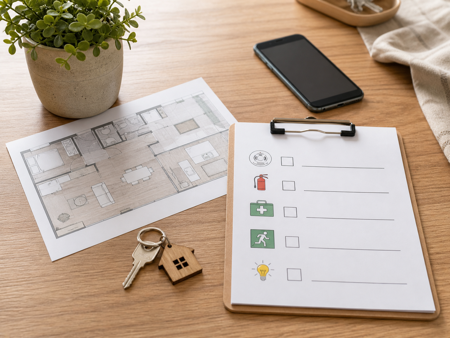 Short-term rental preparation scene with a key, floor plan, checklist, smartphone, and potted plant.